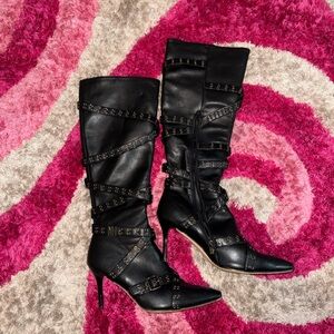 NIIHAI brand Black Studded Heeled knee high Boots